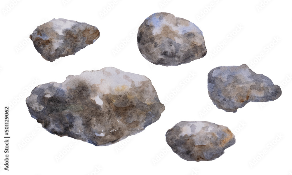 Asteroids watercolor illustration. Asteroid belt isolated on white background. Hand drawn illustration. Asteroids watercolor illustration. Asteroid belt isolated on white background. Hand drawn illustration.