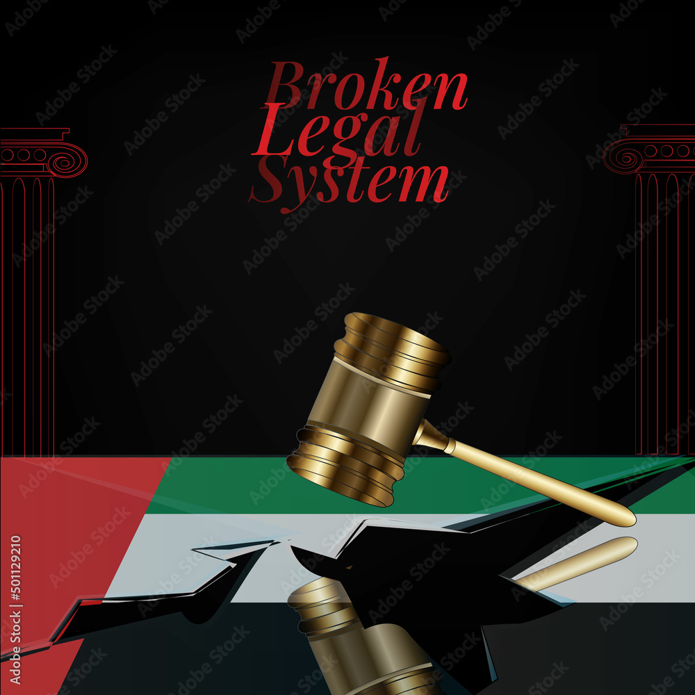 Dubai's broken legal system concept art.Judge gavel and United Arab Emirates flag 