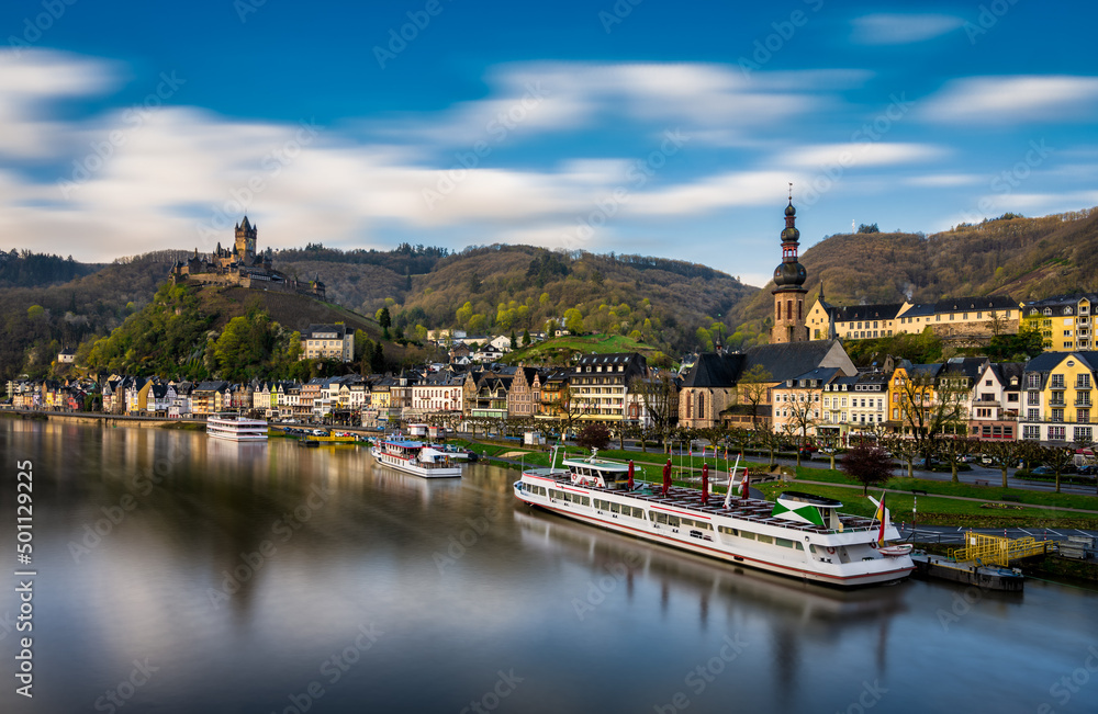 Old town and the Cochem Reichsburg castle on the Moselle river in Germany