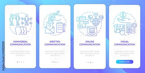 Communication forms blue gradient onboarding mobile app screen. Walkthrough 4 steps graphic instructions pages with linear concepts. UI, UX, GUI template. Myriad Pro-Bold, Regular fonts used