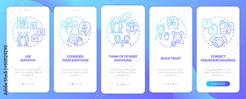 Improving emotional awareness blue gradient onboarding mobile app screen. Walkthrough 5 steps graphic instructions pages with linear concepts. UI, UX, GUI template. Myriad Pro-Bold, Regular fonts used