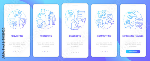 Communicative functions blue gradient onboarding mobile app screen. Walkthrough 5 steps graphic instructions pages with linear concepts. UI, UX, GUI template. Myriad Pro-Bold, Regular fonts used
