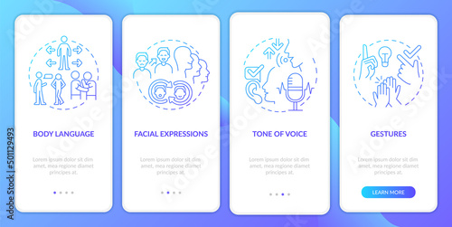 Non-verbal communication elements gradient onboarding mobile app screen. Walkthrough 4 steps graphic instructions pages with linear concepts. UI, UX, GUI template. Myriad Pro-Bold, Regular fonts used