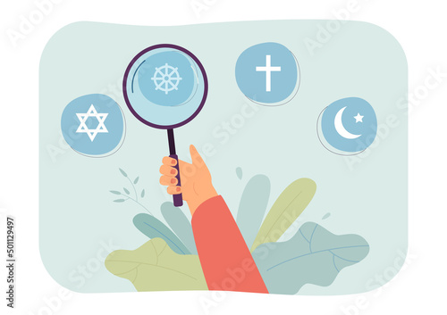 Person looking at religious symbols through magnifier. Buddhism, Christianity, Judaism and Islam symbols flat vector illustration. Religion concept for banner, website design or landing web page