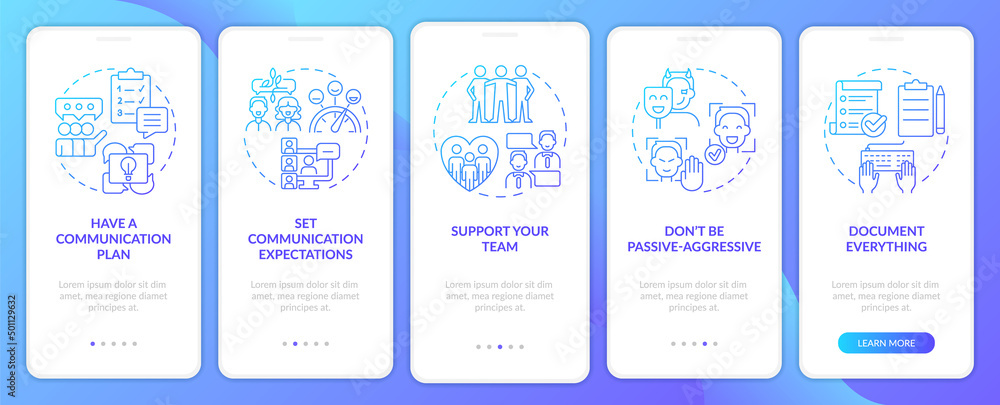 Communication management blue gradient onboarding mobile app screen. Walkthrough 5 steps graphic instructions pages with linear concepts. UI, UX, GUI template. Myriad Pro-Bold, Regular fonts used