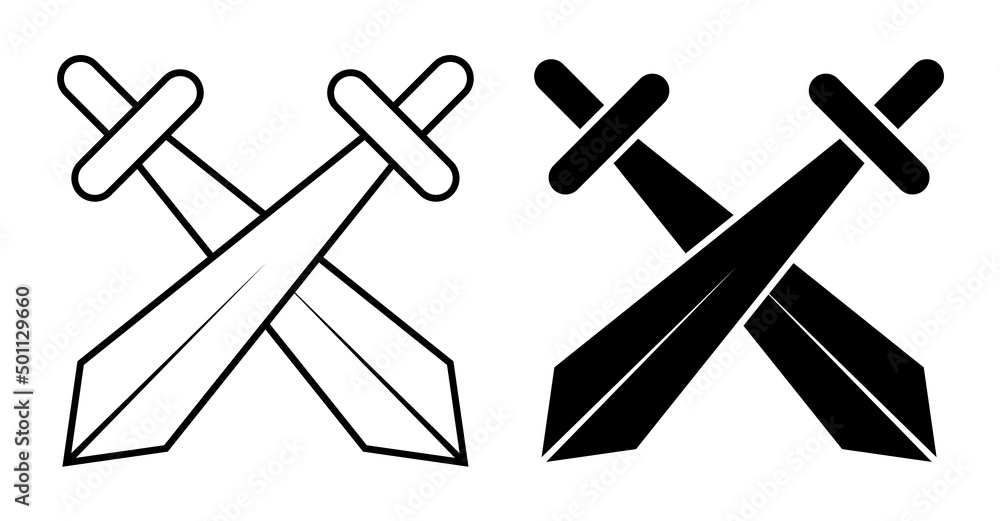 Linear icon, apair of crossed knight swords. Tournament, beginning of medieval duel. Simple black and white vector isolated on white background Linear icon, apair of crossed knight swords. Tournament, beginning of medieval duel. Simple black and white vector isolated on white background
