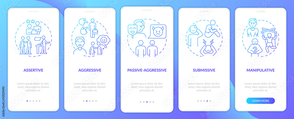 Communication patterns blue gradient onboarding mobile app screen. Walkthrough 5 steps graphic instructions pages with linear concepts. UI, UX, GUI template. Myriad Pro-Bold, Regular fonts used