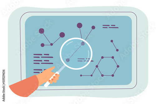 Scientists hand holding magnifier to study chemical formulas. Research of person with magnifying glass flat vector illustration. Science, school concept for banner, website design or landing web page