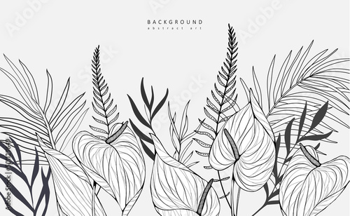Luxury botanical background with trendy wildflowers and minimalist flowers for wall decoration or wedding. Hand drawn line herb, elegant leaves for invitation save the date card. Botanical rustic