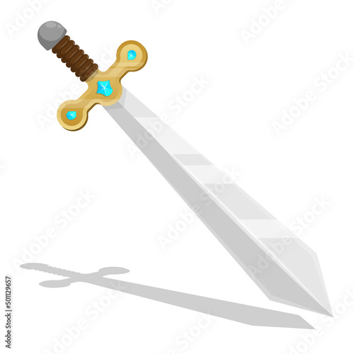 Knight sword with gold handle, decorated with precious stones. Medieval duel weapon. Vector in cartoon style isolated on white background