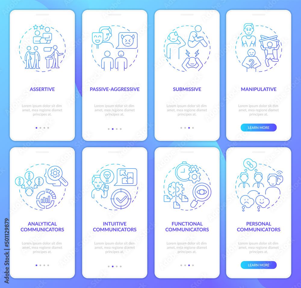 Different communication styles gradient onboarding mobile app screen set. Walkthrough 4 steps graphic instructions pages with linear concepts. UI, UX, GUI template. Myriad Pro-Bold, Regular fonts used