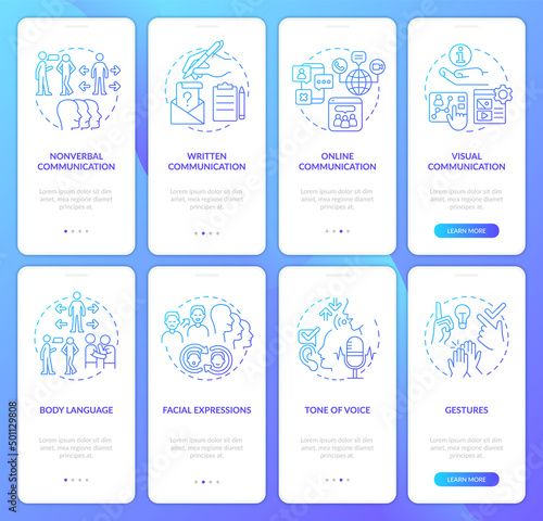 Improve communication skills gradient onboarding mobile app screen set. Walkthrough 4 steps graphic instructions pages with linear concepts. UI, UX, GUI template. Myriad Pro-Bold, Regular fonts used