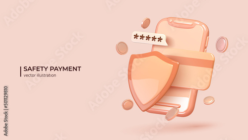 Safety payments concept. Realistic 3d shield with password on smart wallet and credit card over smartphone. The concept of mobile phone and personal data protection. Vector illustration