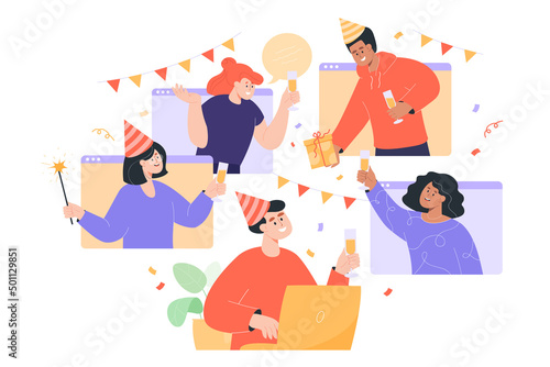 Friends celebrating birthday online flat vector illustration. Men and women having video call or conference during quarantine. Clinking glasses through computer windows. Virtual party, hangout concept