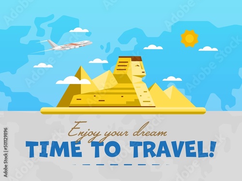 Welcome to Egypt poster with famous attraction vector illustration. Travel design with ancient pyramid and Sphinx statue in desert. World air travel and tourism concept, traveling agency banner