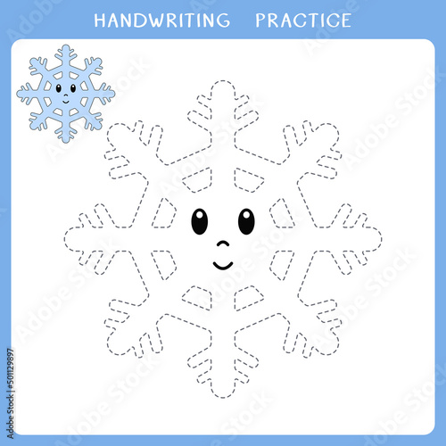 Handwriting practice sheet. Simple educational game for kids. Vector illustration of cute snowflake for coloring book