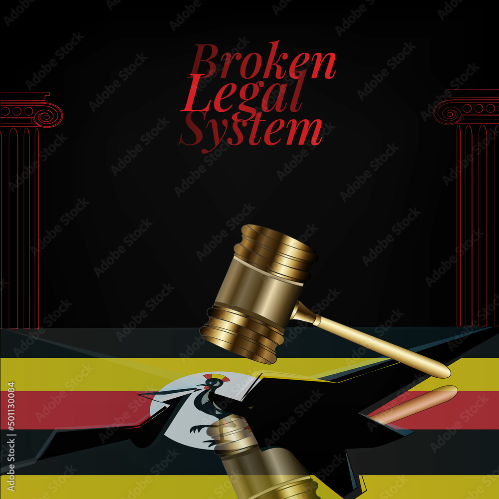 Uganda's broken legal system concept art.Gavel and Uganda's flag