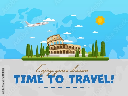 Welcome to Italy poster with famous attraction vector illustration. Travel design with ancient Colosseum in Rome. Famous architectural landmark and worldwide traveling concept, tourist agency banner