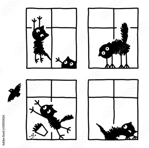 Set of funny cosy cute various cats playing in the windows drawing character cartoon t-shirt print