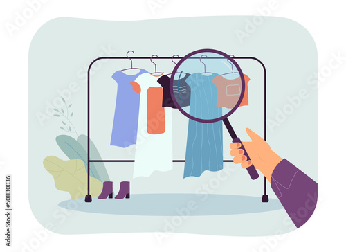 Person looking at clothes rail through magnifier. Woman choosing outfit flat vector illustration. Shopping, fashion, wardrobe, garment concept for banner, website design or landing web page