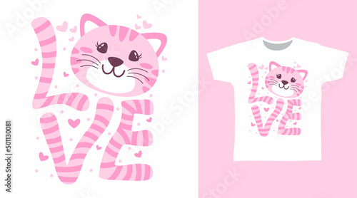Love typography with cat tshirt concept design