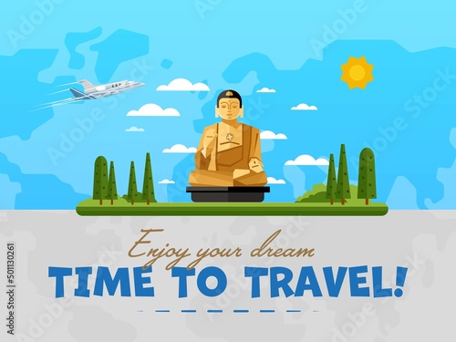 Welcome to Taiwan poster with famous attraction vector illustration. Travel design with ancient Buddha in lotus pose statue. Worldwide air traveling, time to travel, discover new historical places