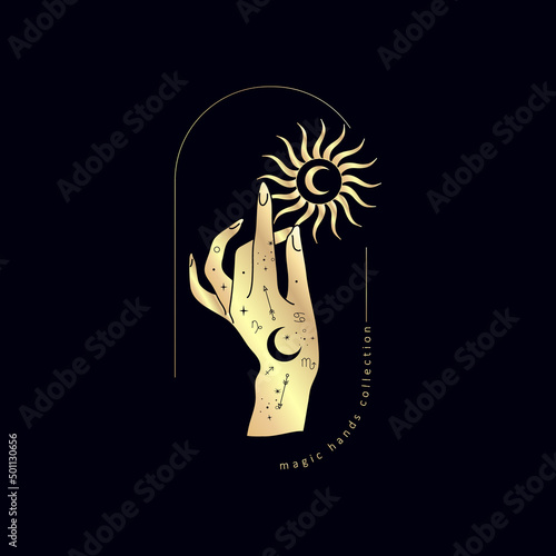 Spiritual esoteric magic logo or talisman with woman hands in silhouette style with stars, sacred geometry moon and sun. Alchemy mystic tattoo object logo template. Vector