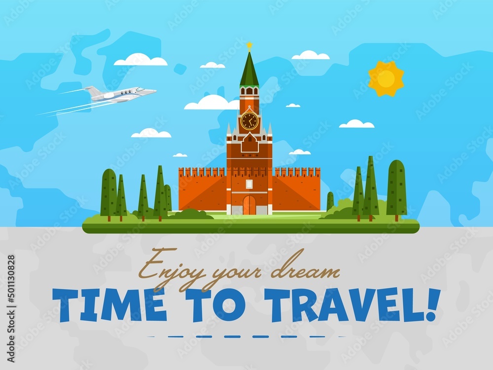 Welcome to Russia poster with famous attraction vector illustration. Travel design with Kremlin palace at Red Square. Worldwide landmark and historical place, tour guide for traveling agency