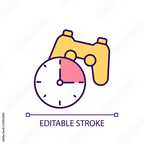 Limit gaming time RGB color icon. Control term of video games playing. Coping with gaming addiction. Isolated vector illustration. Simple filled line drawing. Editable stroke. Arial font used