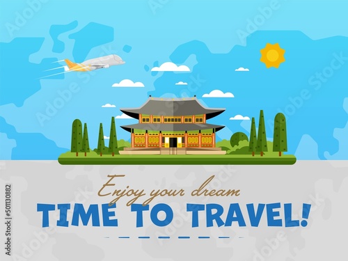Welcome to Korea poster with famous attraction vector illustration. Travel design with Deoksugung palace in Seoul. Worldwide traveling, time to travel, discover new historical building, explore world