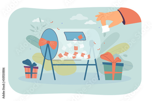 Hand holding lucky ticket from raffle drum during prize draw. Announcement gifts for winners by person flat vector illustration. Lottery concept for banner, website design or landing web page