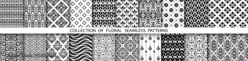 Geometric floral set of seamless patterns. White and black vector backgrounds. Simple illustrations.