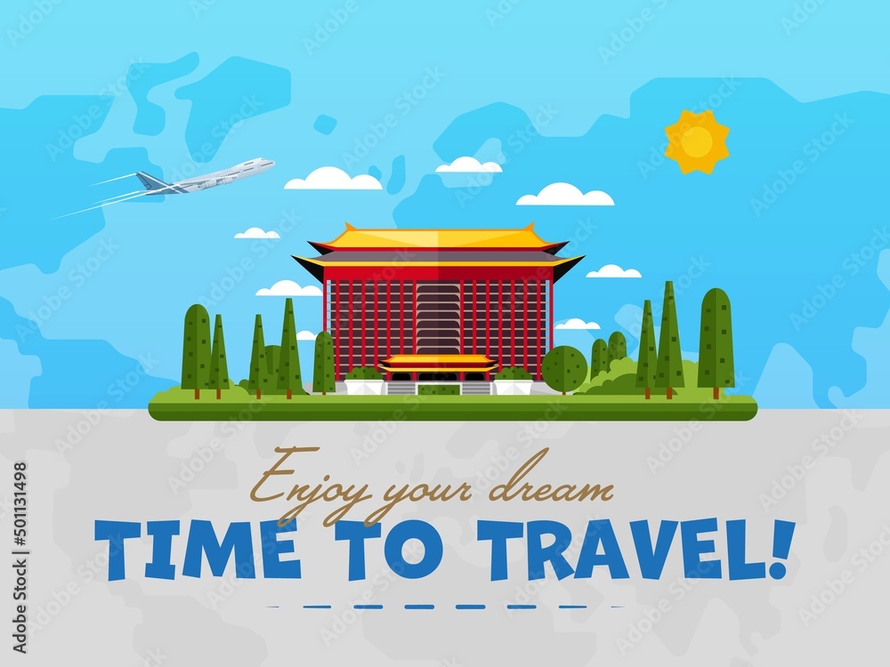 Obraz premium Welcome to Taiwan poster with famous attraction vector illustration. Travel design with Grand Hotel in Taipei. Worldwide air traveling, time to travel, discover new historical places concept