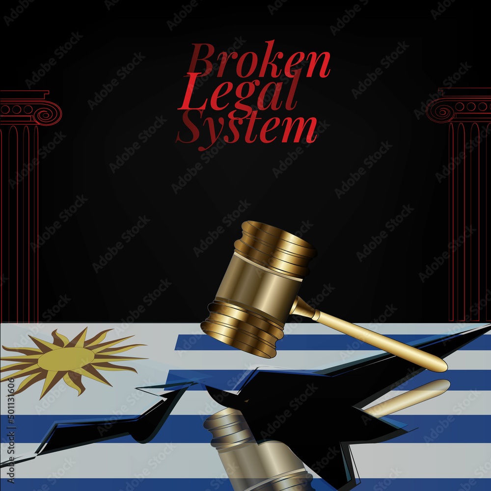 Uruguay's broken legal system concept art.Gavel,legal system and Uruguay,s flag