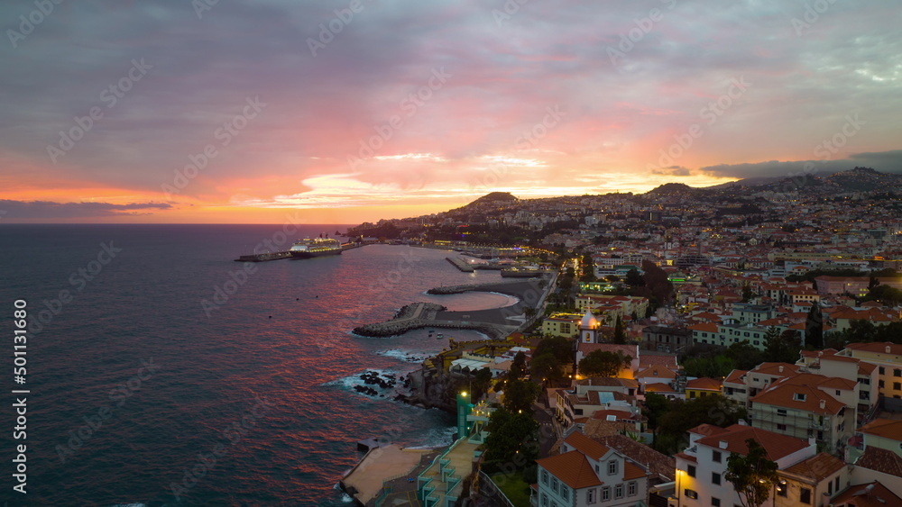 Funchal town at night. Night city on Madeira island. Madeira,