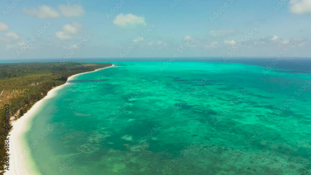 Tropical island with sandy beach by atoll with coral reef and blue sea, aerial view. Bugsuk Island with sandy beach. Summer and travel vacation concept. Tropical island with sandy beach by atoll with coral reef and blue sea, aerial view. Bugsuk Island with sandy beach. Summer and travel vacation concept.
