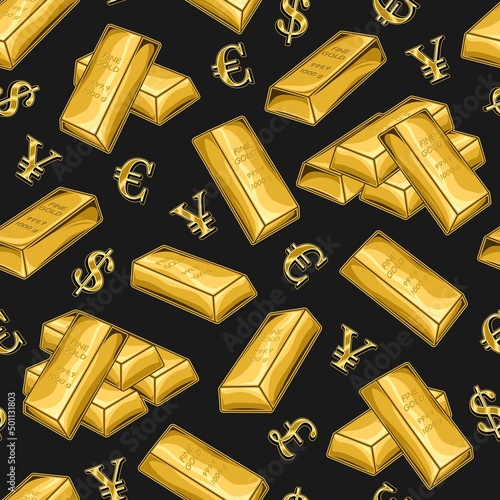 Pattern with stacked gold bars, shiny symbols of major world currencies. US dollar, euro, pound sterling, yen. Vintage vector illustration on a dark background. Treasures, luxury, rich concept