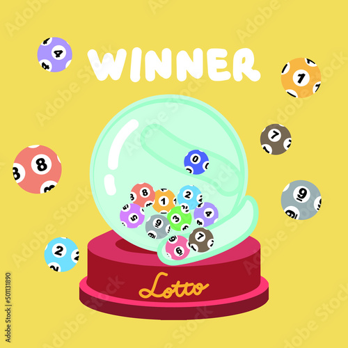 Spin machine with random numbers, The lotto, lottery machine random numbers, lucky random gambling game, lotto ball number zero to nine, entertaining gambling game.