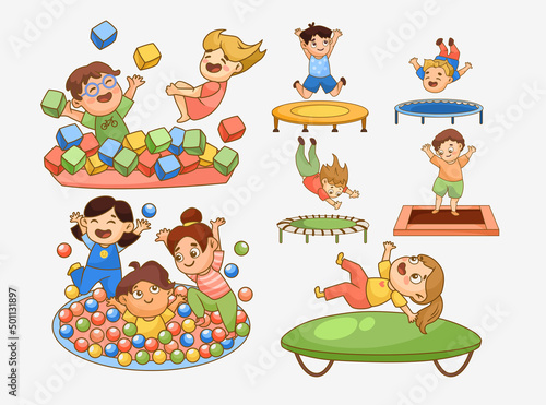 Children jumping on trampoline cartoon illustration set. Boys and girls playing in pool with soft cubes. Kids having fun together on playground. Leisure, entertainment concept