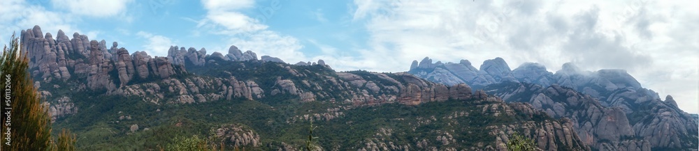 Panoramic view of the Montserrat Gorge. Monestir Santa Maria de Montserrat.
