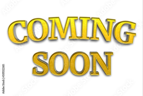 Coming soon word made from realistic gold isolated on white background. 3d illustration.