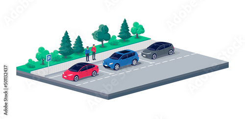 Modern cars parallel parking on city street road sideway. Parking lot with persons standing talking near vehicle. Driver place on rest stop area on highway. Vector illustration on white background.