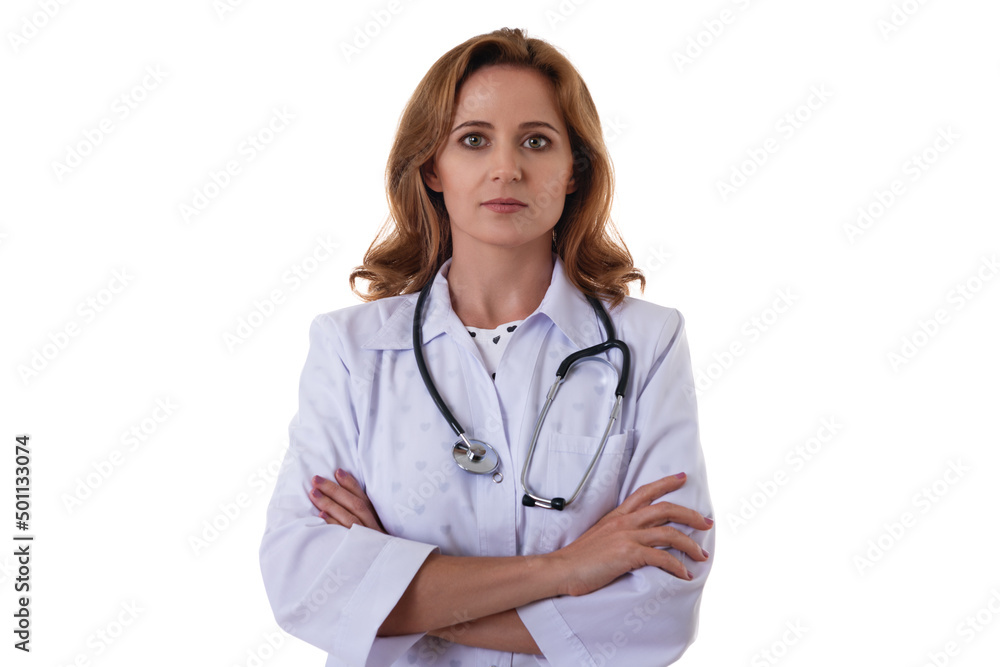 medicine, healthcare, charity and people concept - female doctor with stethoscope standing with crossed arms over white background, isolated medicine, healthcare, charity and people concept - female doctor with stethoscope standing with crossed arms over white background, isolated