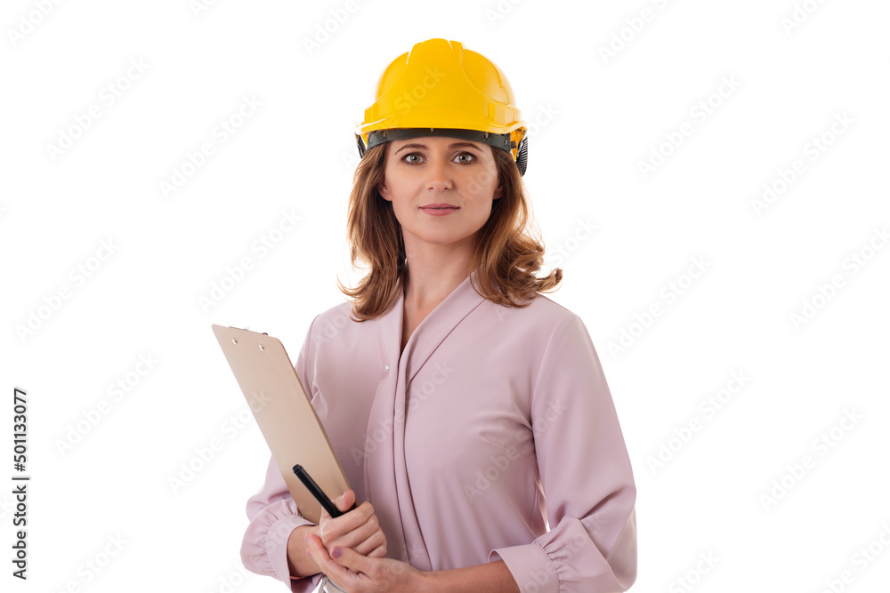 portrait of smiling woman architect in helmet holding clipboard folder, isolated on white background portrait of smiling woman architect in helmet holding clipboard folder, isolated on white background