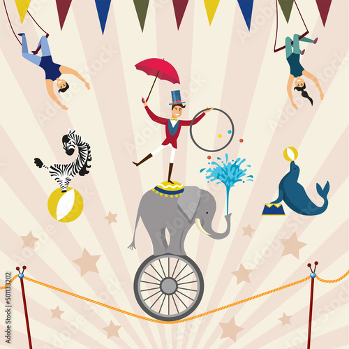 A circus show flat vector illustration trained animals, trapeze acts
