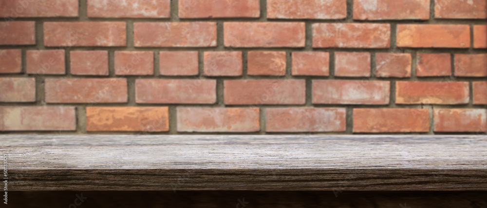 Wood shelves and brick wall background. for put product Wood shelves and brick wall background. for put product