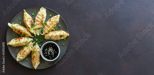 Fried dumplings with soy sauce. Gyoza. Healthy eating. Asian food.