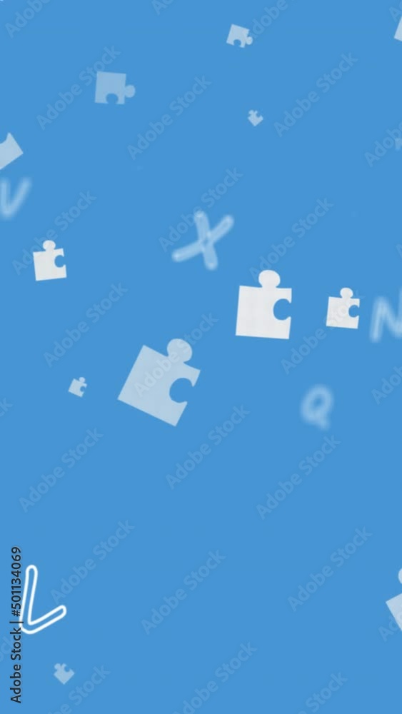Animation of puzzles and letters floating on blue background Animation of puzzles and letters floating on blue background