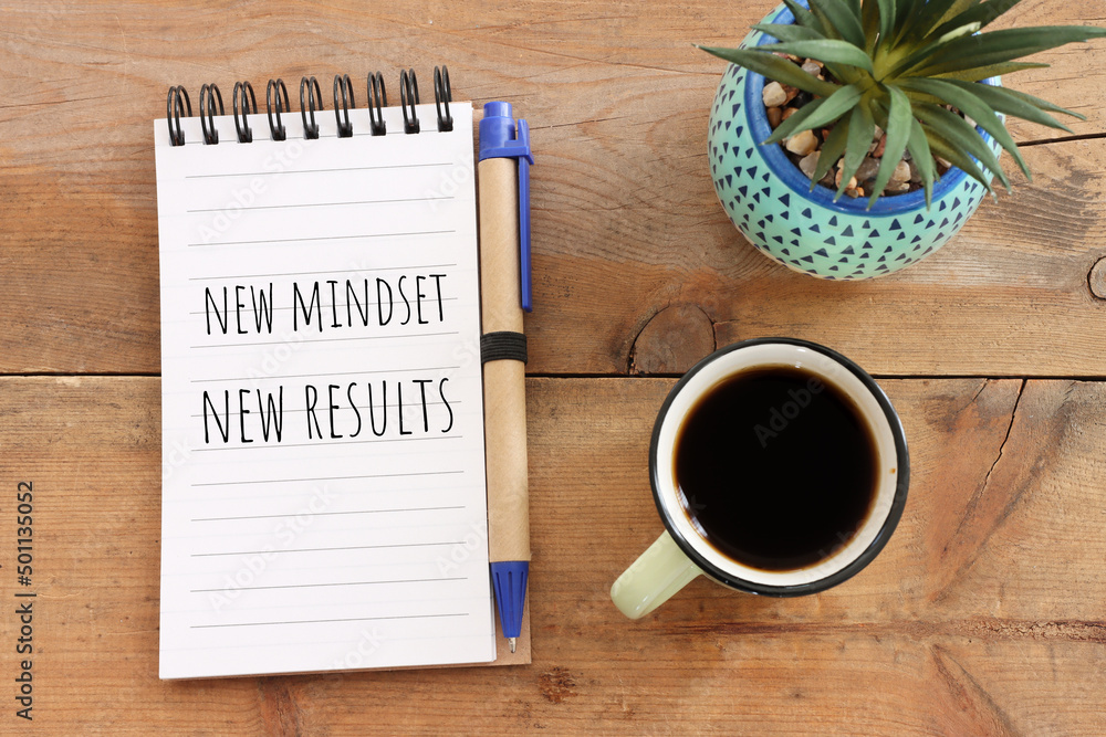 concept image with new mindset new results text. top view of office table concept image with new mindset new results text. top view of office table