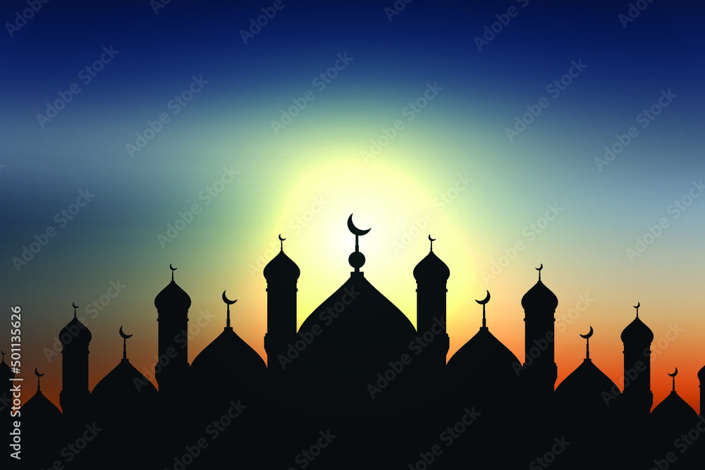 Mosque silhouette  vector illustration . Beautiful morning sun rise.